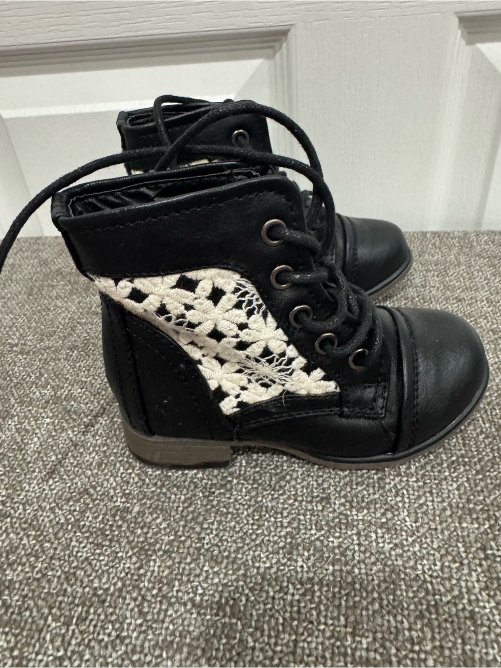 Link Black Kids Lace-Up Ankle Boots with Cream Crochet Panel